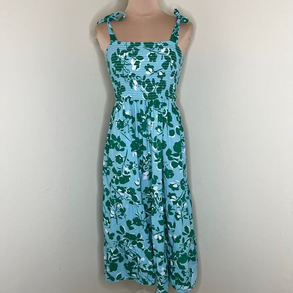 Seraphine Gianna Maternity Dress w Pockets 6 Tiered Blue Green Smocked Midi Tie - Picture 2 of 13